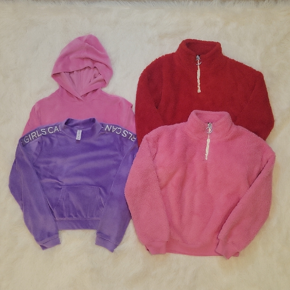 Ideology Sherpa And Velour Tops Bundle 4 Piece Set Red, Pink, Purple Girls M 10